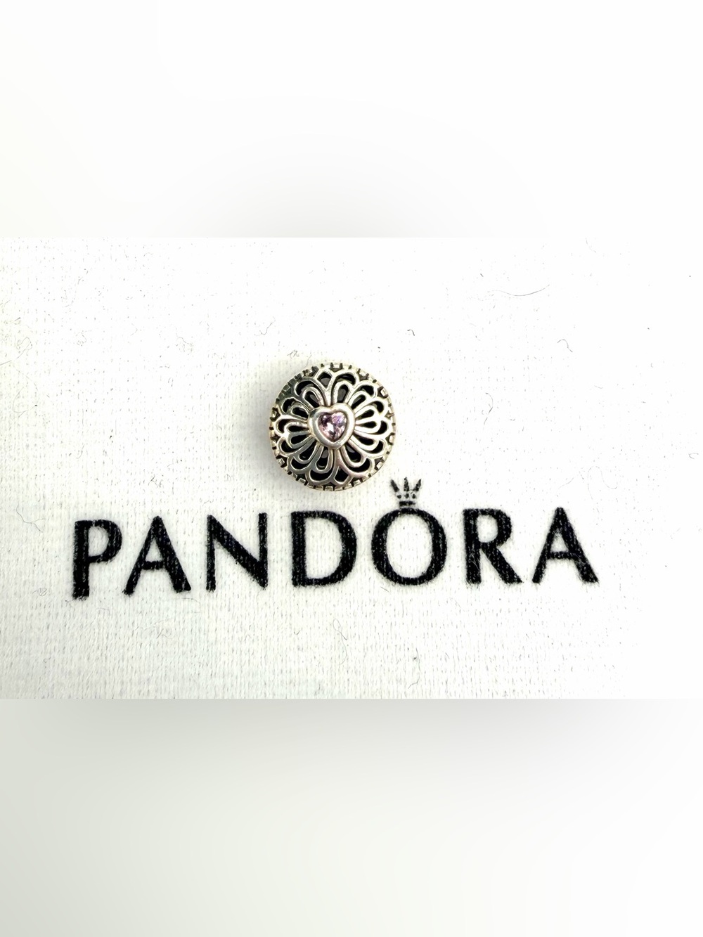 Pandora Silver Openwork Heart Charm with Light Pink Stone Love & Friendship